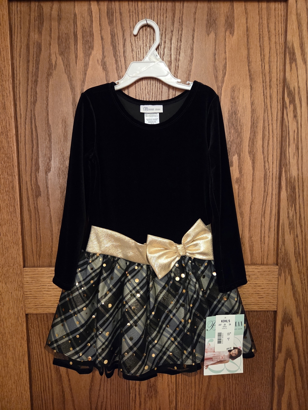 Bonnie Jean Black Velvet Bodice with Gold Bow & Plaid Tulle Skirt